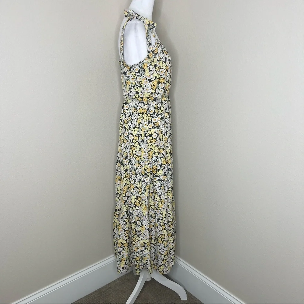 Social Standard by Sanctuary Black Yellow Floral Shoulder Tie Smocked Midi Dress - Picture 10 of 13